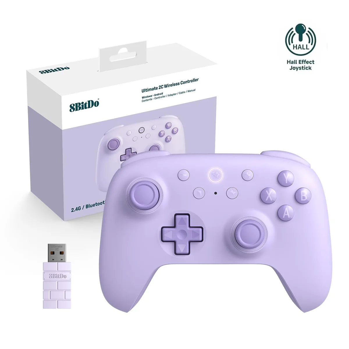 Purple wireless gamepad with Hall effect sticks and triggers, 2.4G adapter and cable included