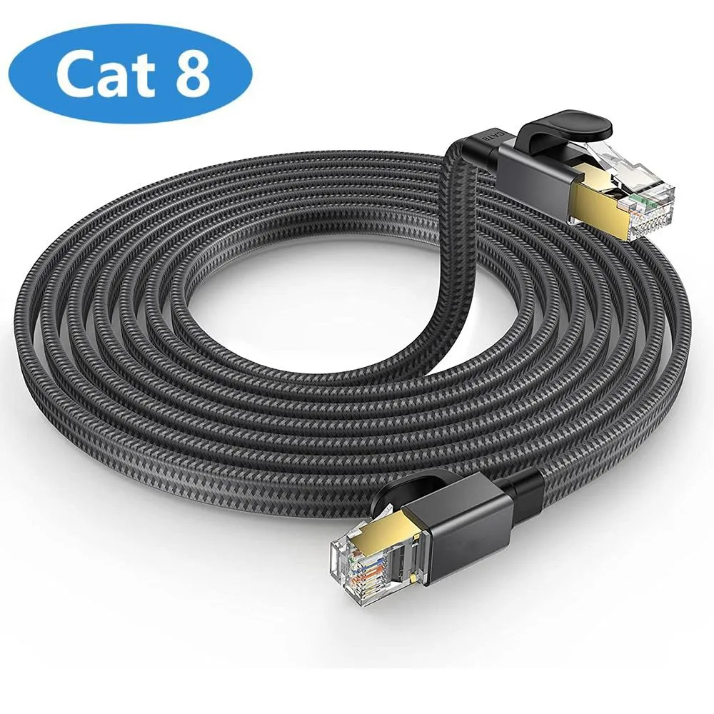AUTYUE AUTYUE Cat 8 Flat Braided Network Ethernet Cable 33 ft 26 AWG 40 Gbps 2000 MHz Black — product photo
