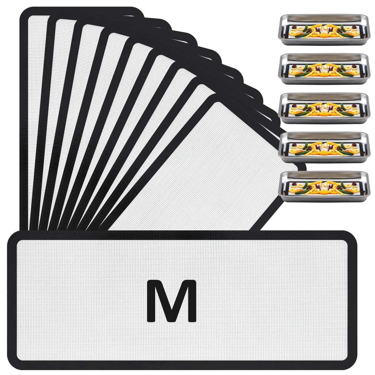 Ten black rectangular silicone mats laid flat, smooth non-stick surface
