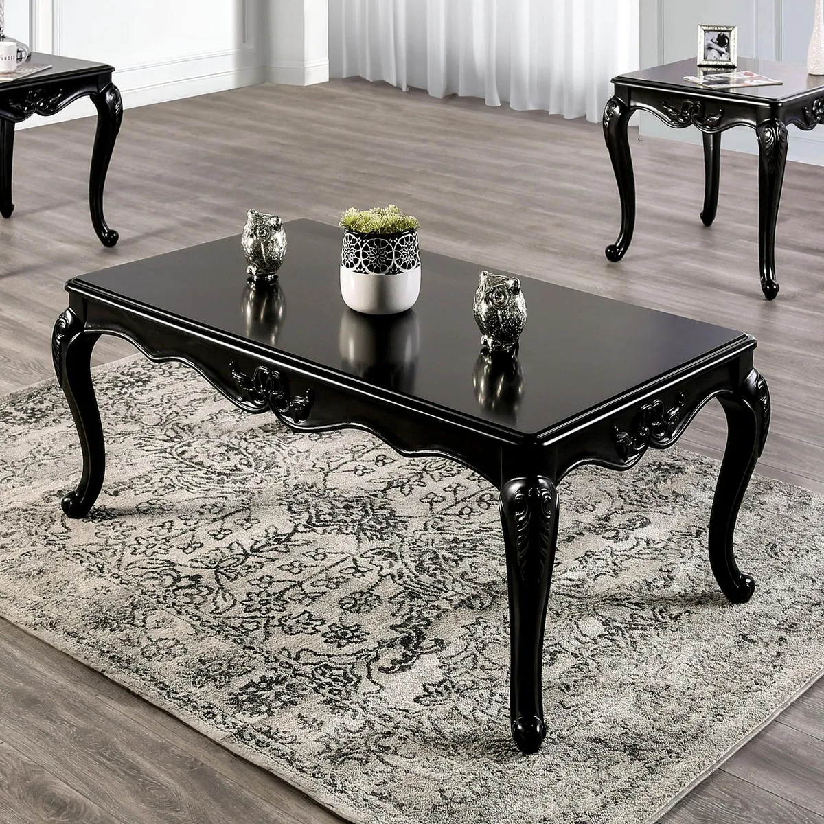Rectangular coffee table, dark espresso black finish, cabriole legs with carved details, solid wood construction