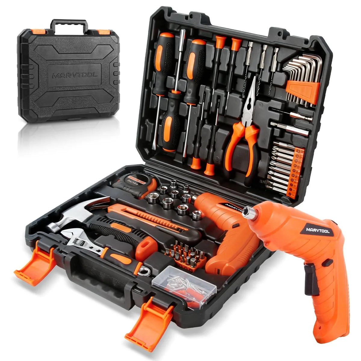 Red tool case holding 140-piece set with cordless drill