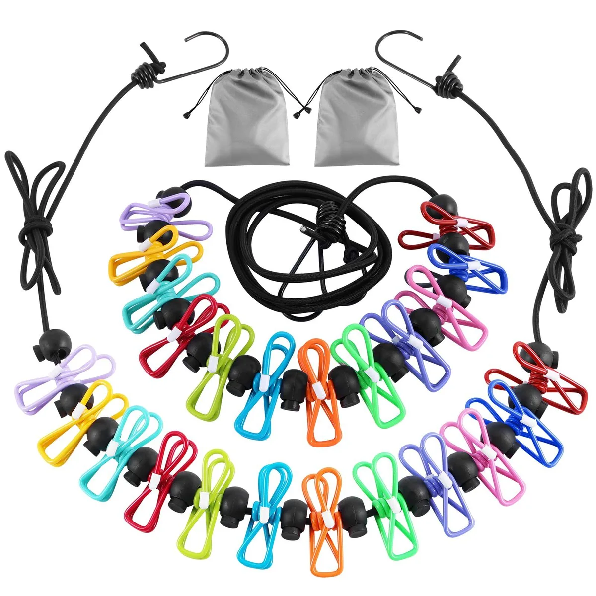 Two retractable clotheslines with colourful clips in pouches