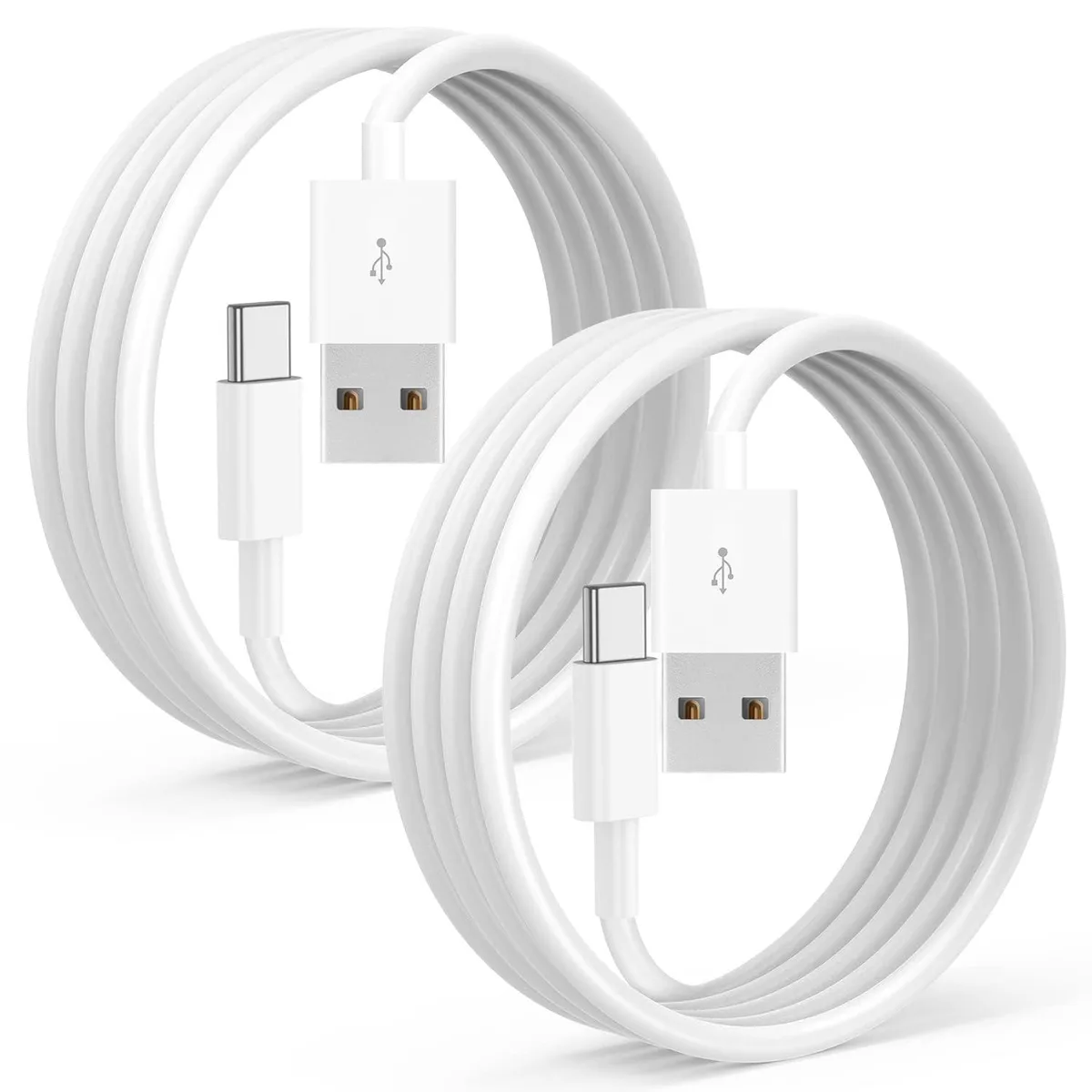 Two white USB-A to USB-C cables, 3.3 ft and 6 ft, coiled with Velcro ties