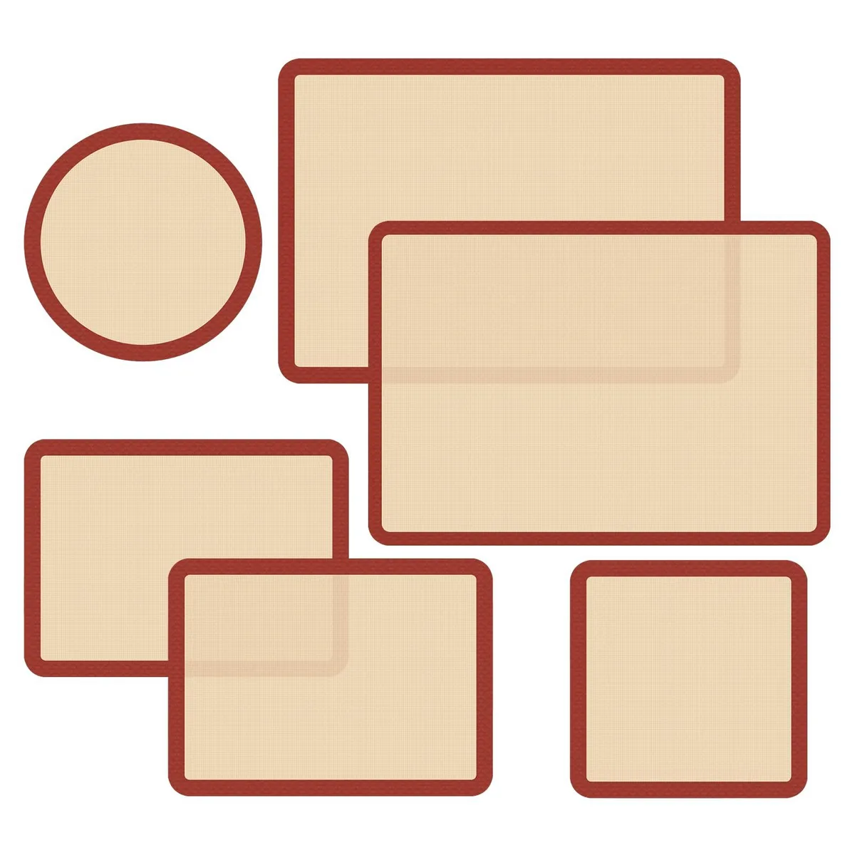 Six silicone baking mats in rectangular round and square shapes with checkered pattern
