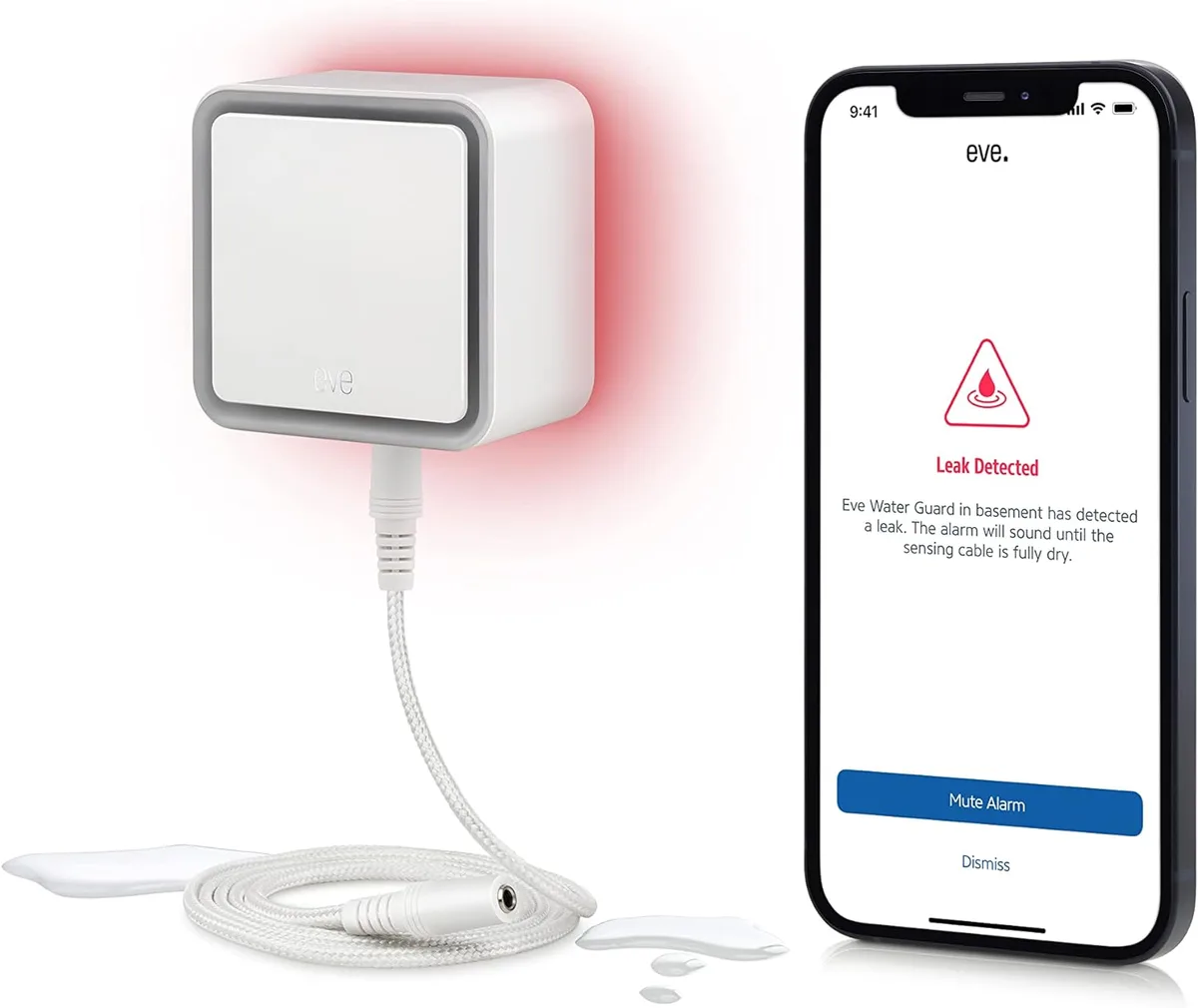 Evehome Evehome EVE-10027824 Water Guard smart sensor, 6.5 ft cable, 100 dB siren, Bluetooth Thread HomeKit — product photo