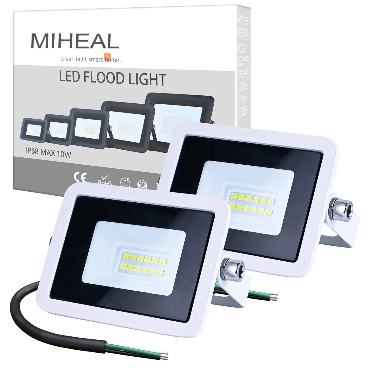 Two compact white LED floodlights with aluminium housings and adjustable brackets