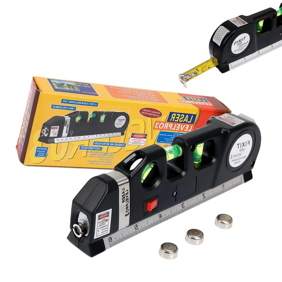 Red plastic laser level with cross-line projection, manual slide switch, built-in 8-foot tape measure and three bubble vials