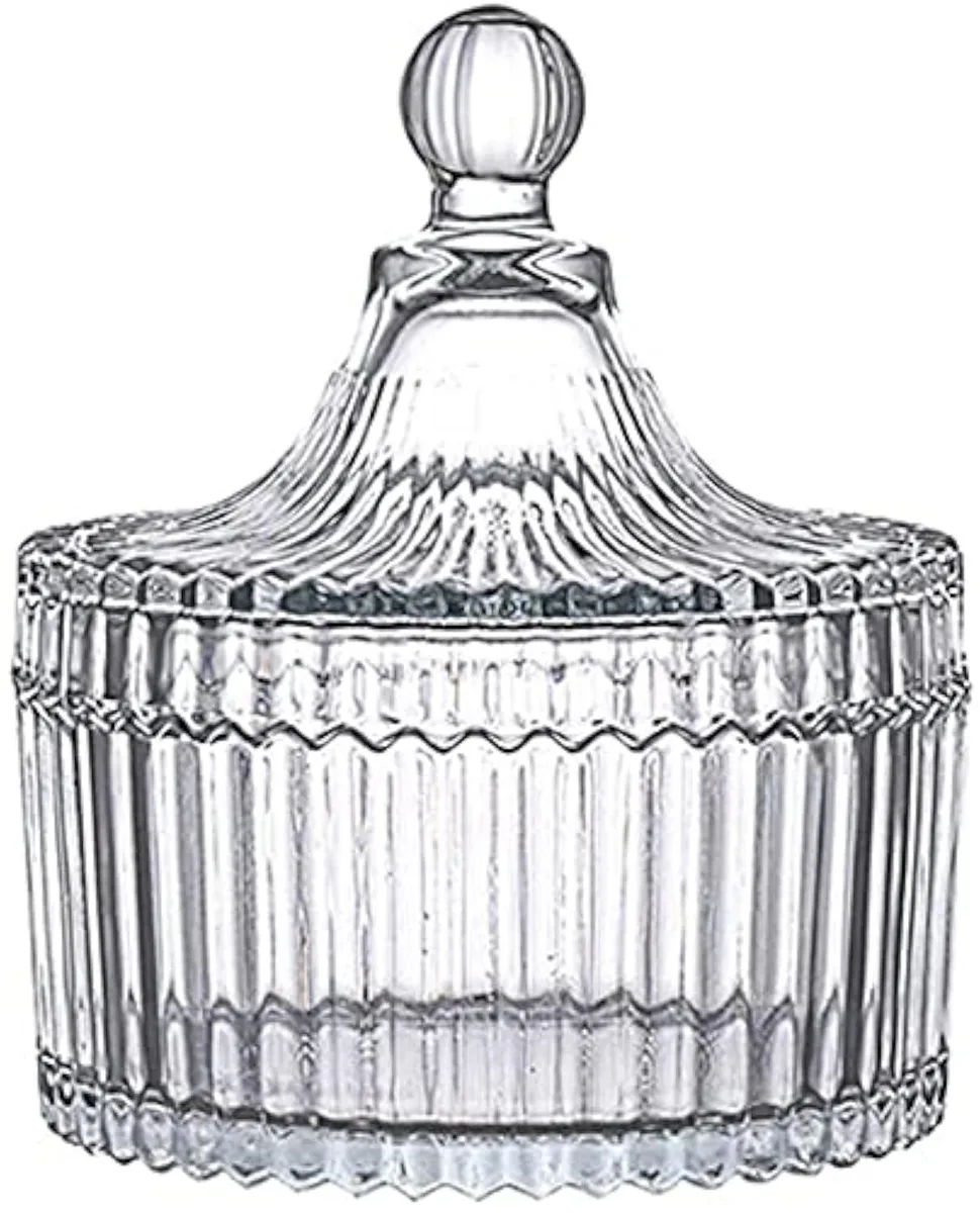 Clear glass candy jar with wavy lid, 10 cm diameter by 12 cm high