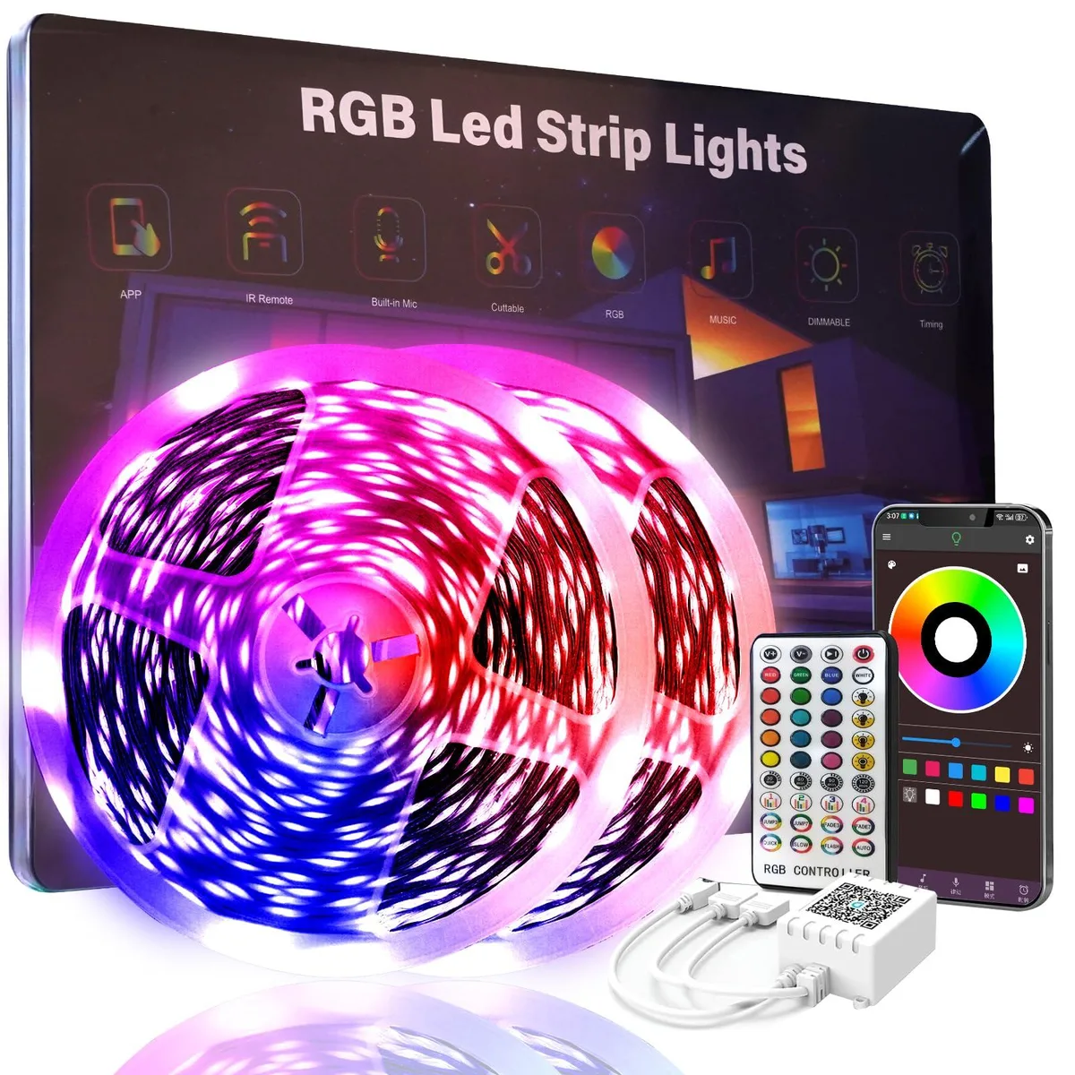 Two rolls of flexible multi-colour LED strip lights on reels, plastic finish, indoor use