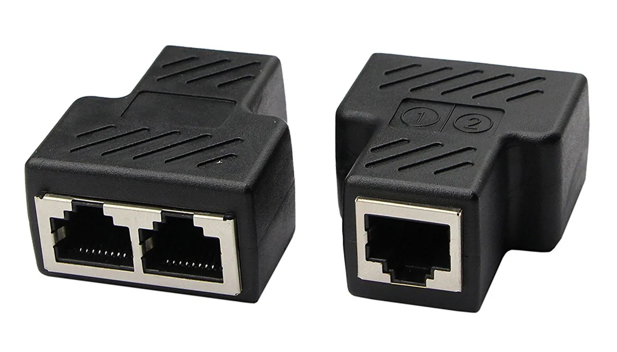 Pair of small black RJ45 splitters, each with one female port on one side and two labelled female ports on the other
