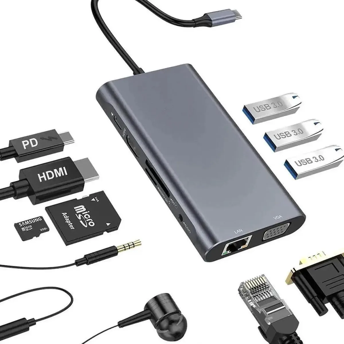 Vszerda Vszerda 10-in-1 USB-C Docking Station 4K HDMI VGA 3 USB 3.0 Gigabit Ethernet 60W PD 3.5mm Audio SD/TF — product photo