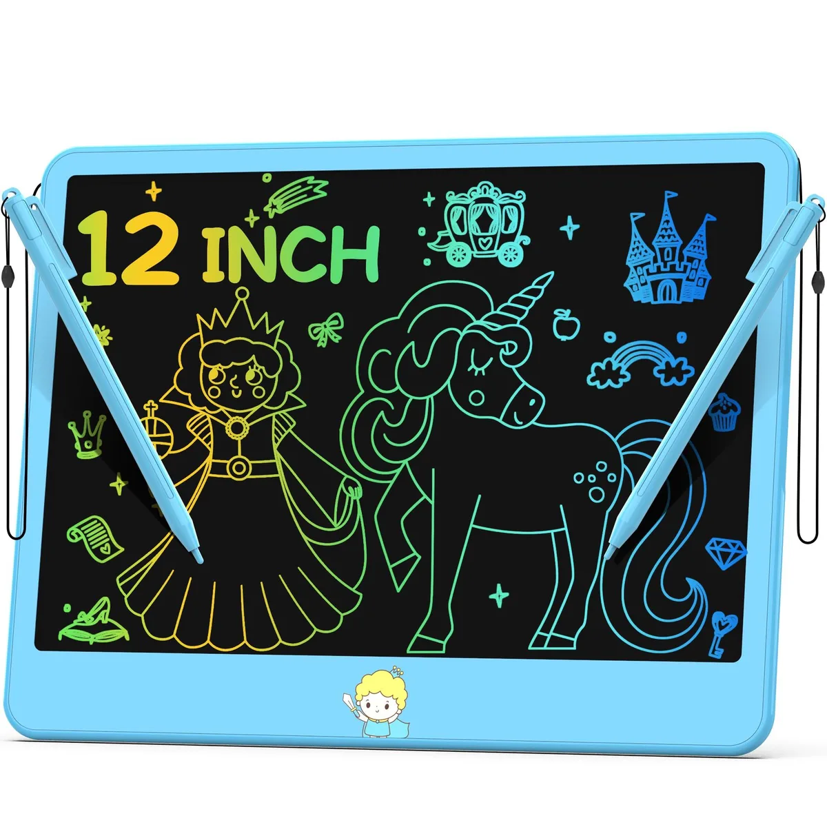 Blue rectangular LCD writing tablet with attached stylus and lanyard, 12 inch screen, lightweight plastic frame