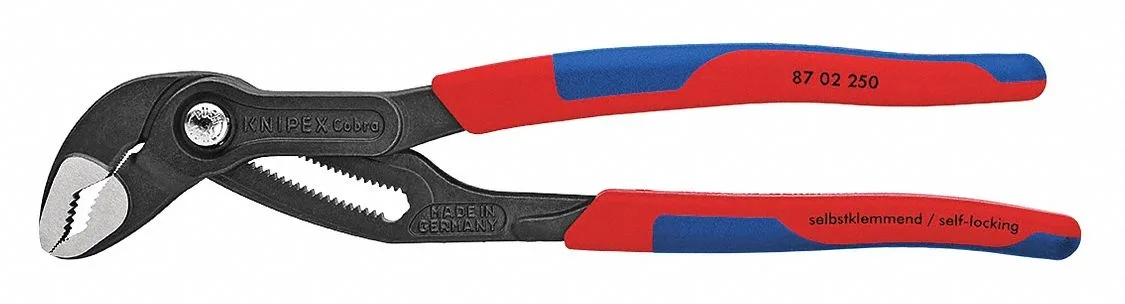 Polished chrome vanadium steel water pump plier, 10 in, push-button adjustment, 25 positions, V-shaped serrated jaws, knurled grips