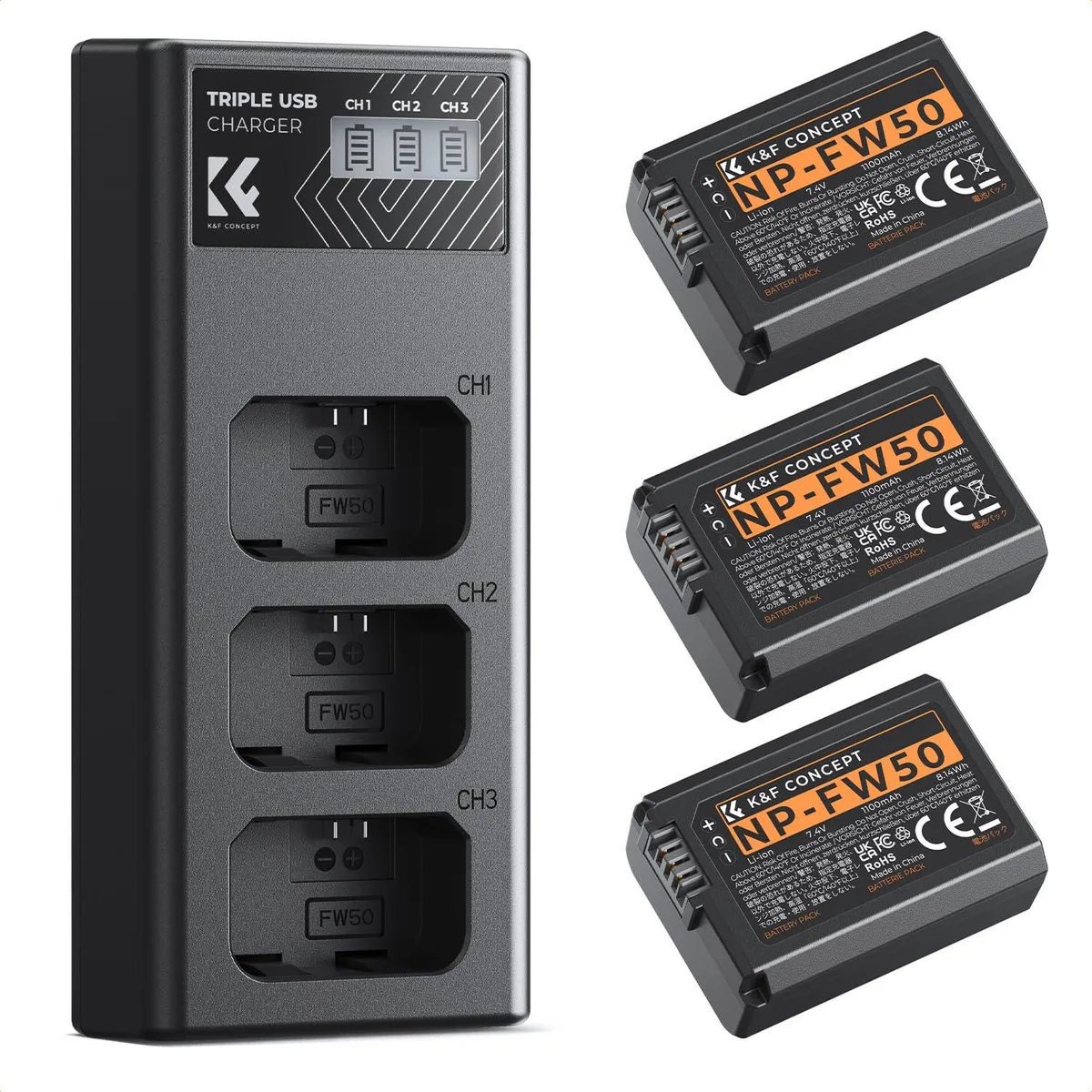 K&amp;F CONCEPT 3-Pack NP-FW50 Battery &amp; 3-Slot Charger — product photo