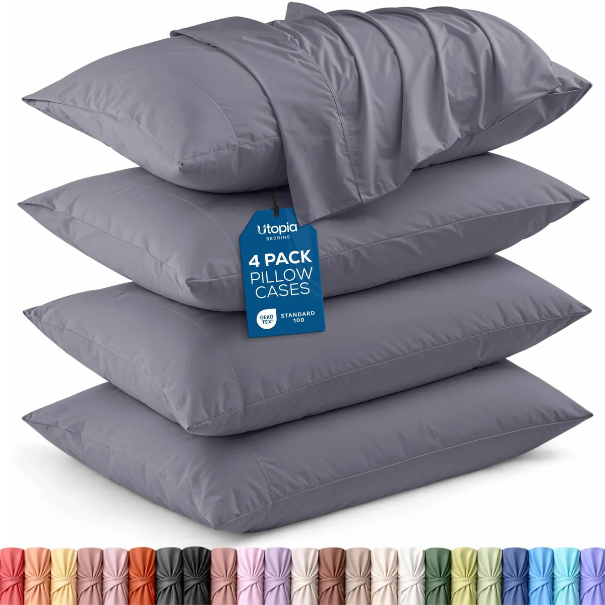 Four grey queen pillow cases, brushed microfiber, envelope closure, 20 by 30 inches