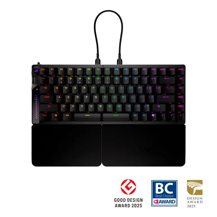 Split gaming keyboard in two dark modules with detachable wrist rest, scroll wheel and per-key RGB lighting