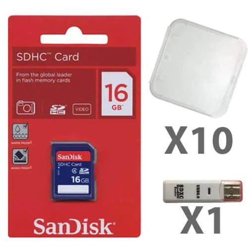 Ten blue SDHC cards in clear cases plus black USB reader