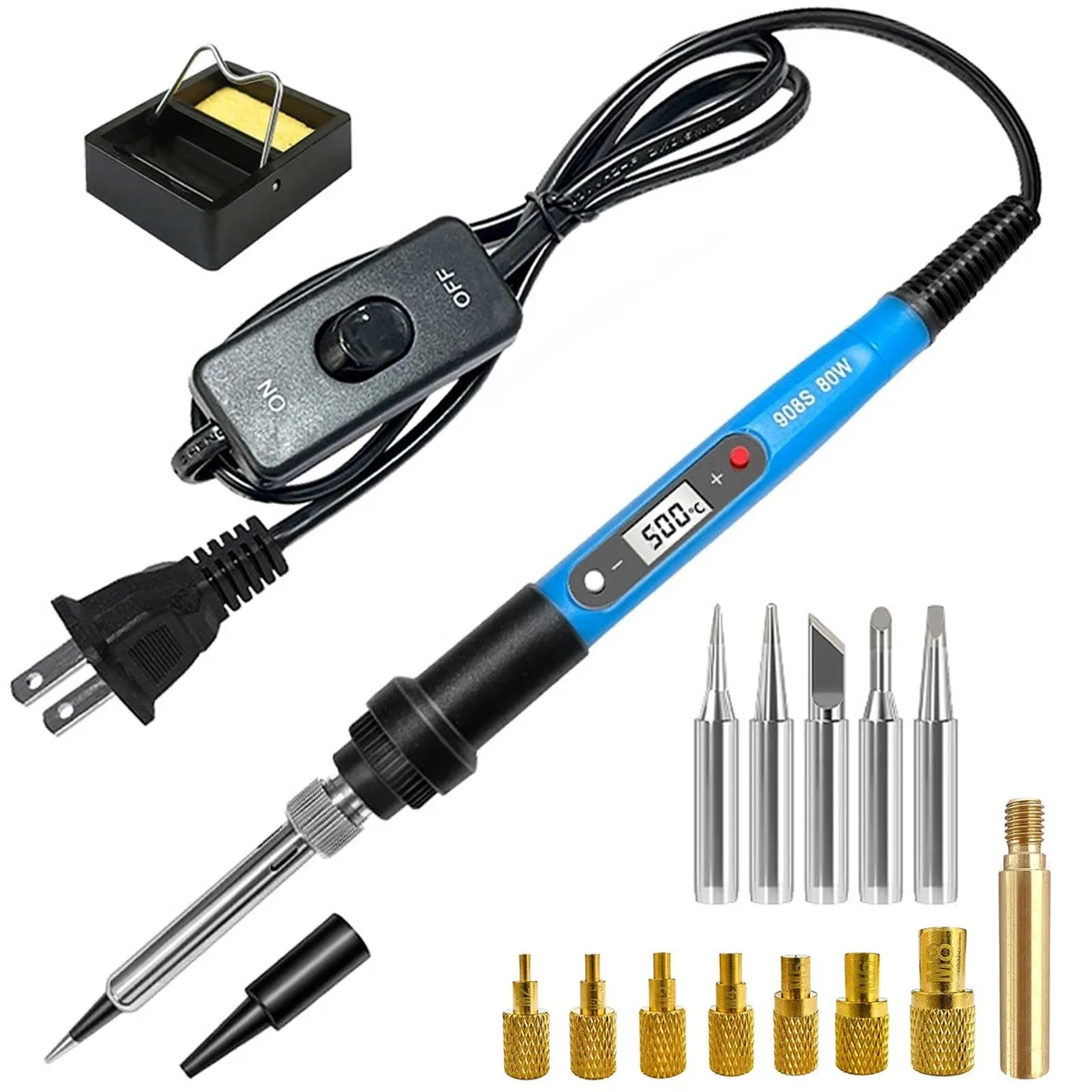Blue digital soldering iron with LCD screen, pen-style grip, and assorted tips in a case