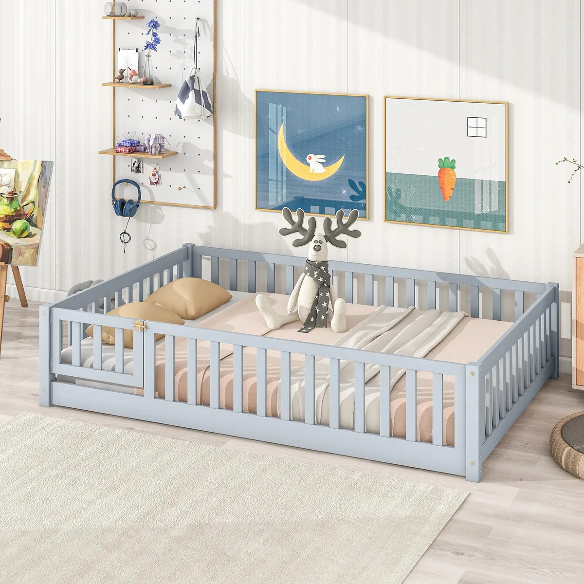 Low grey rubber-wood floor bed with full safety fence and hinged door