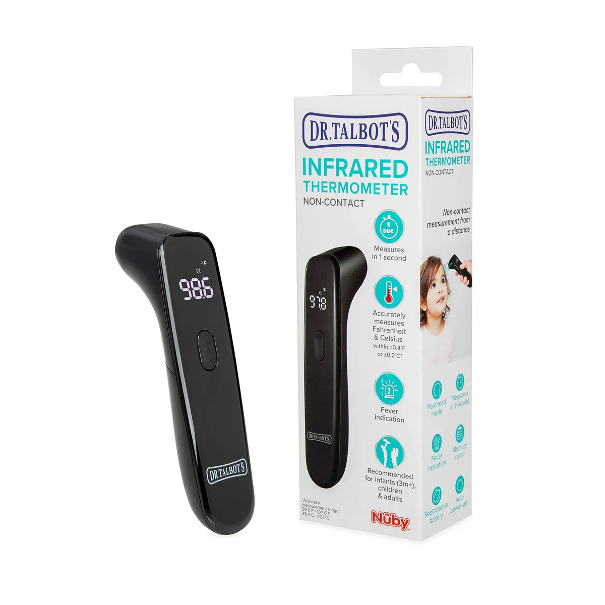 Black handheld infrared thermometer with LED screen and no-contact forehead design