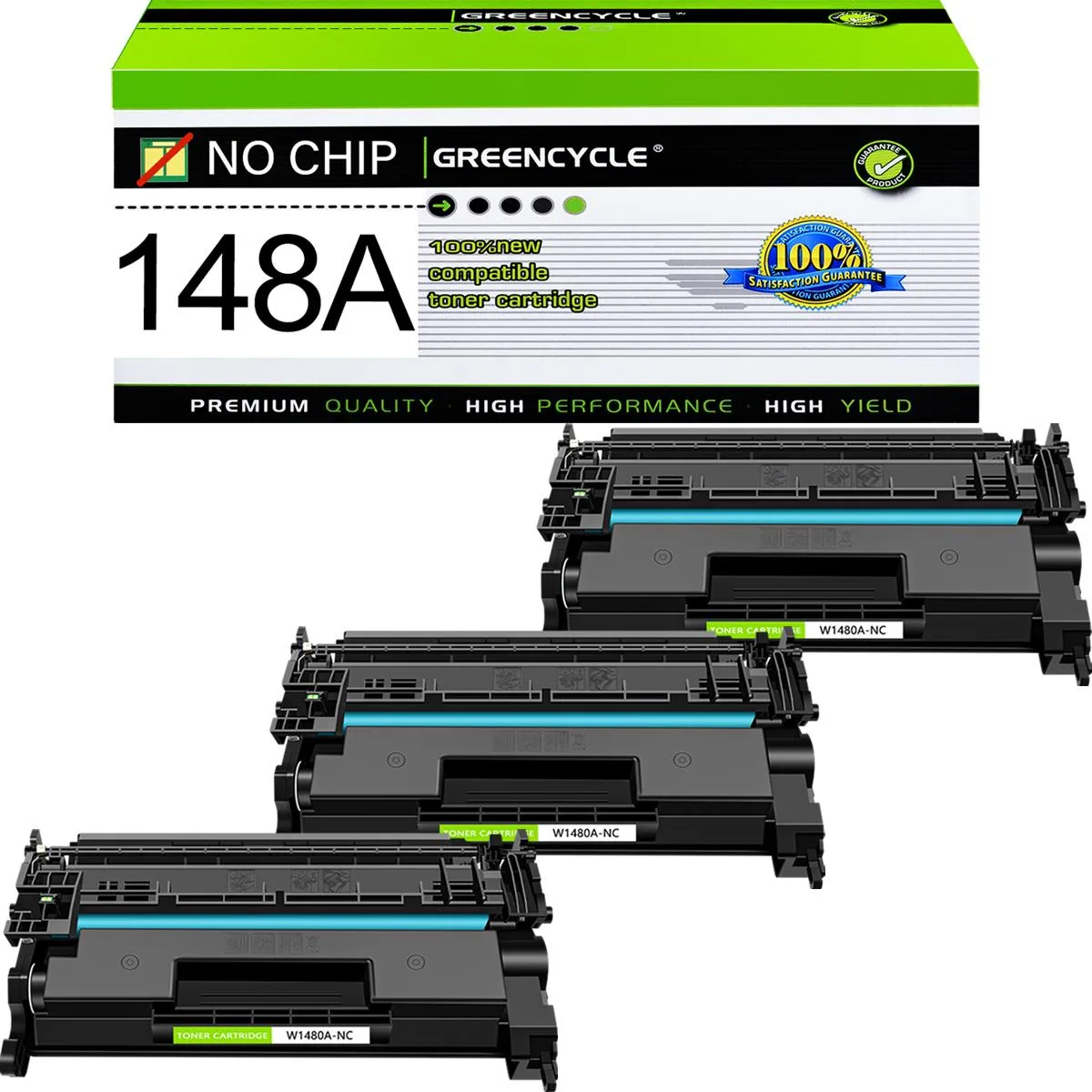 GREENCYCLE GREENCYCLE W1480A-NC 148A No Chip Black Toner Cartridge 3 Pack — product photo