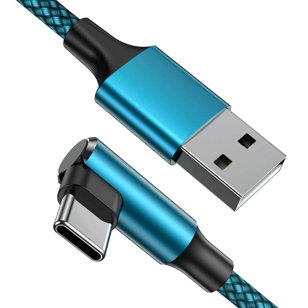 Two cyan nylon-braided USB-C cables with right-angle connectors, 10 ft each