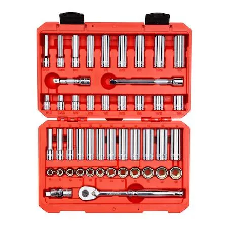 TEKTON 46-piece 3/8 inch drive socket and ratchet set in transparent case