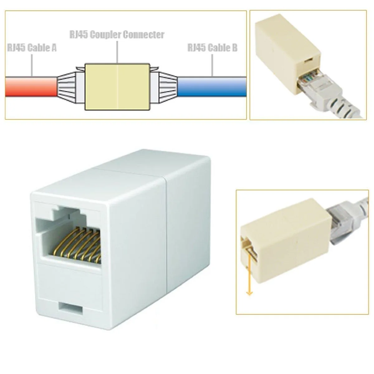 Fifteen white plastic RJ45 inline couplers in a clear bag