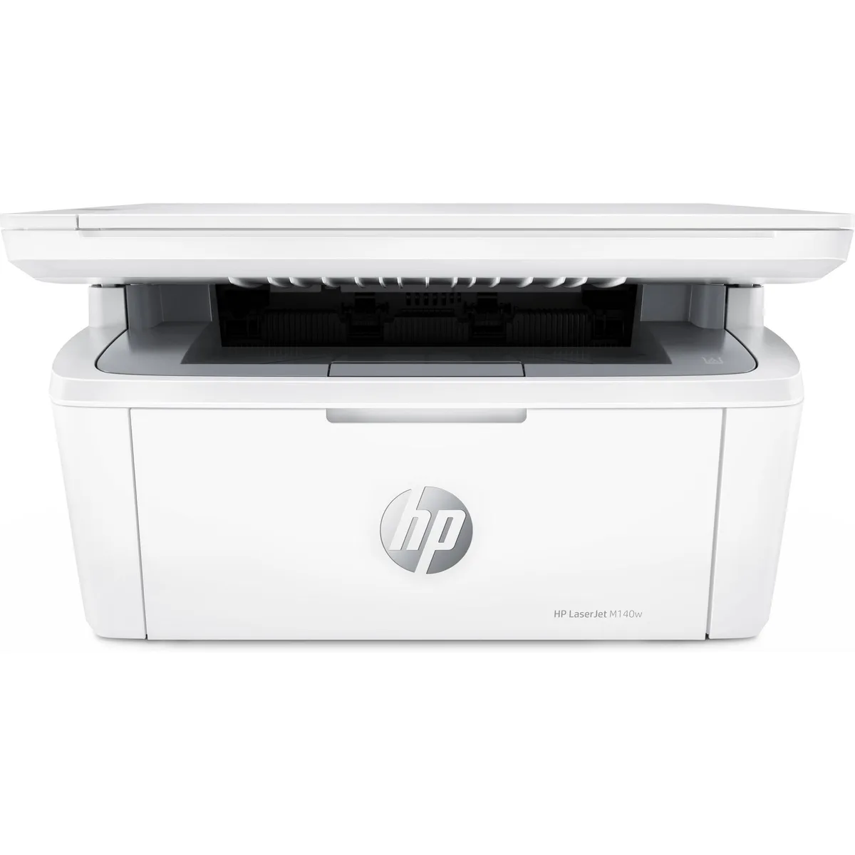 Compact white multifunction laser printer with flat scanner lid