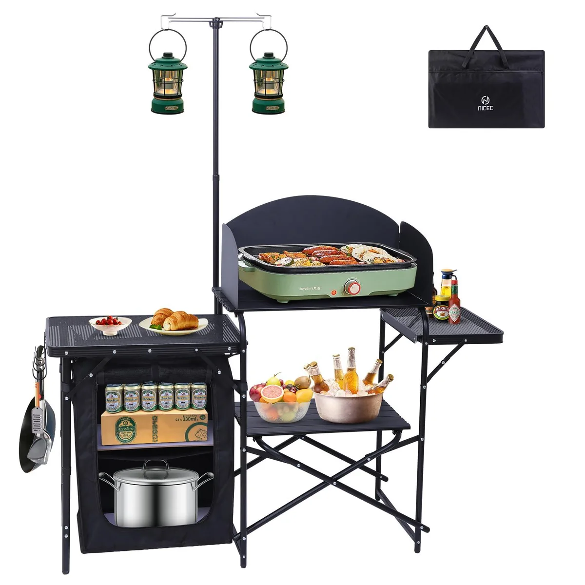 Black folding camping kitchen station with light stand, windshield, side cabinet and carry bag
