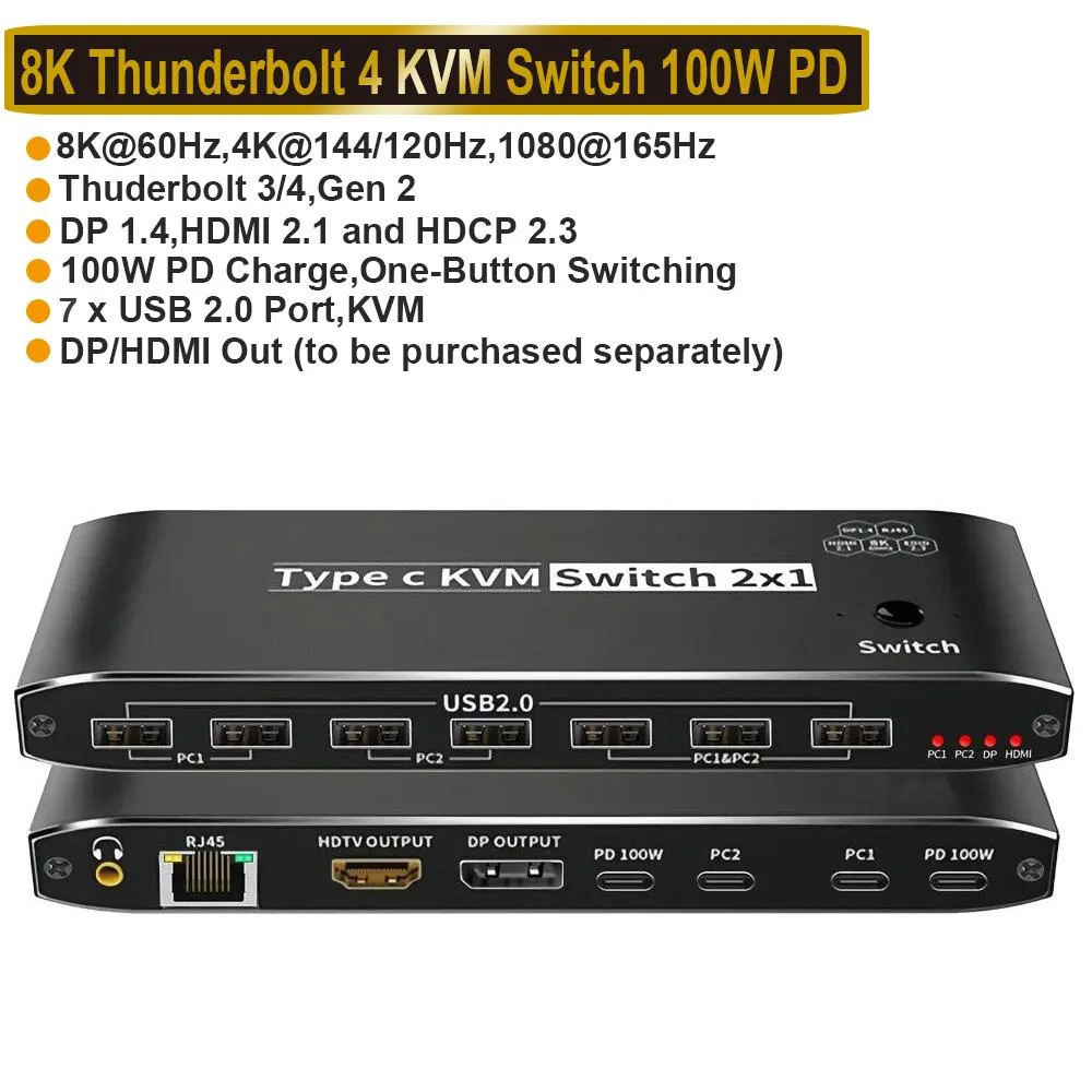 LUOM LUOM OZK8 2-Port USB-C 8K KVM Switch 100W PD 7×USB 2.0 RJ45 — product photo