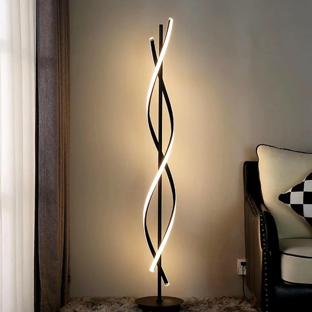 Black spiral floor lamp standing 53 inches tall with weighted base and remote control