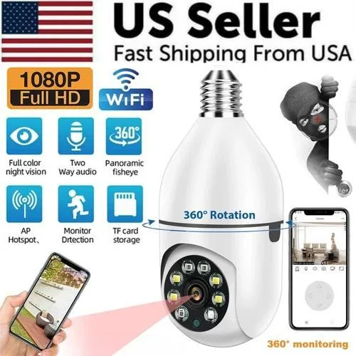 Black E27 light-bulb camera with 360° pan-tilt lens 1080P WiFi 2.4 GHz