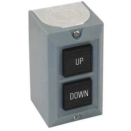 Grey plastic wall-mount control box with two black 25mm push buttons marked Up and Down