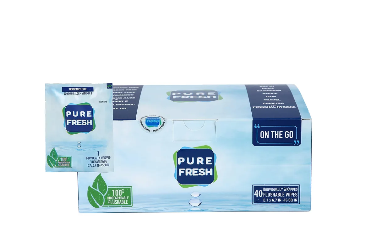 Box of 40 individually wrapped flushable wet wipes, aloe scent