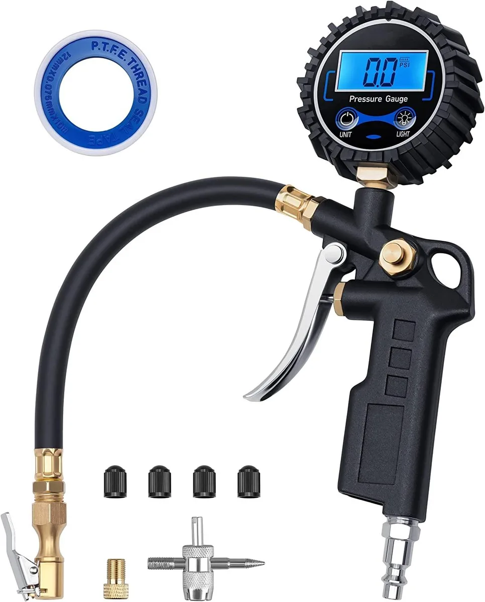 Handheld digital tire inflator with gauge, brass fittings, stainless steel body, trigger handle, hose and quick-connect coupler