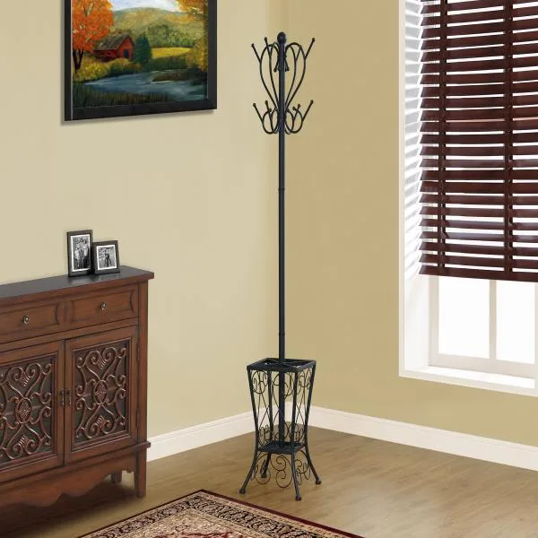 Black metal coat rack with scrolled hooks and umbrella holder