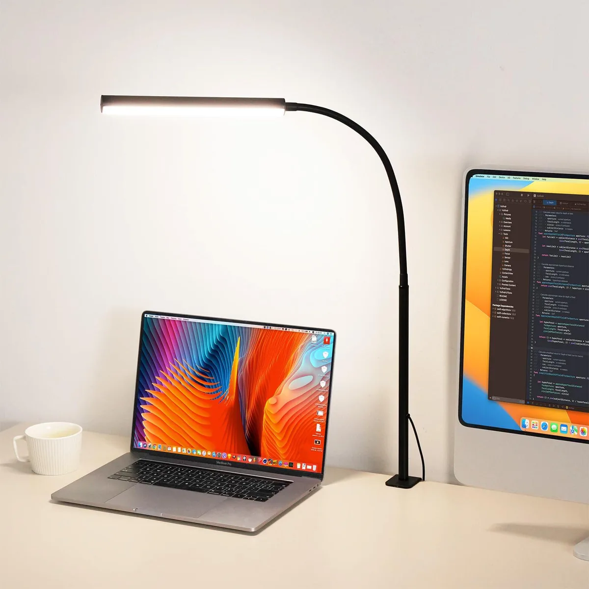 Matte-finish desk lamp with long flexible gooseneck and clamp base