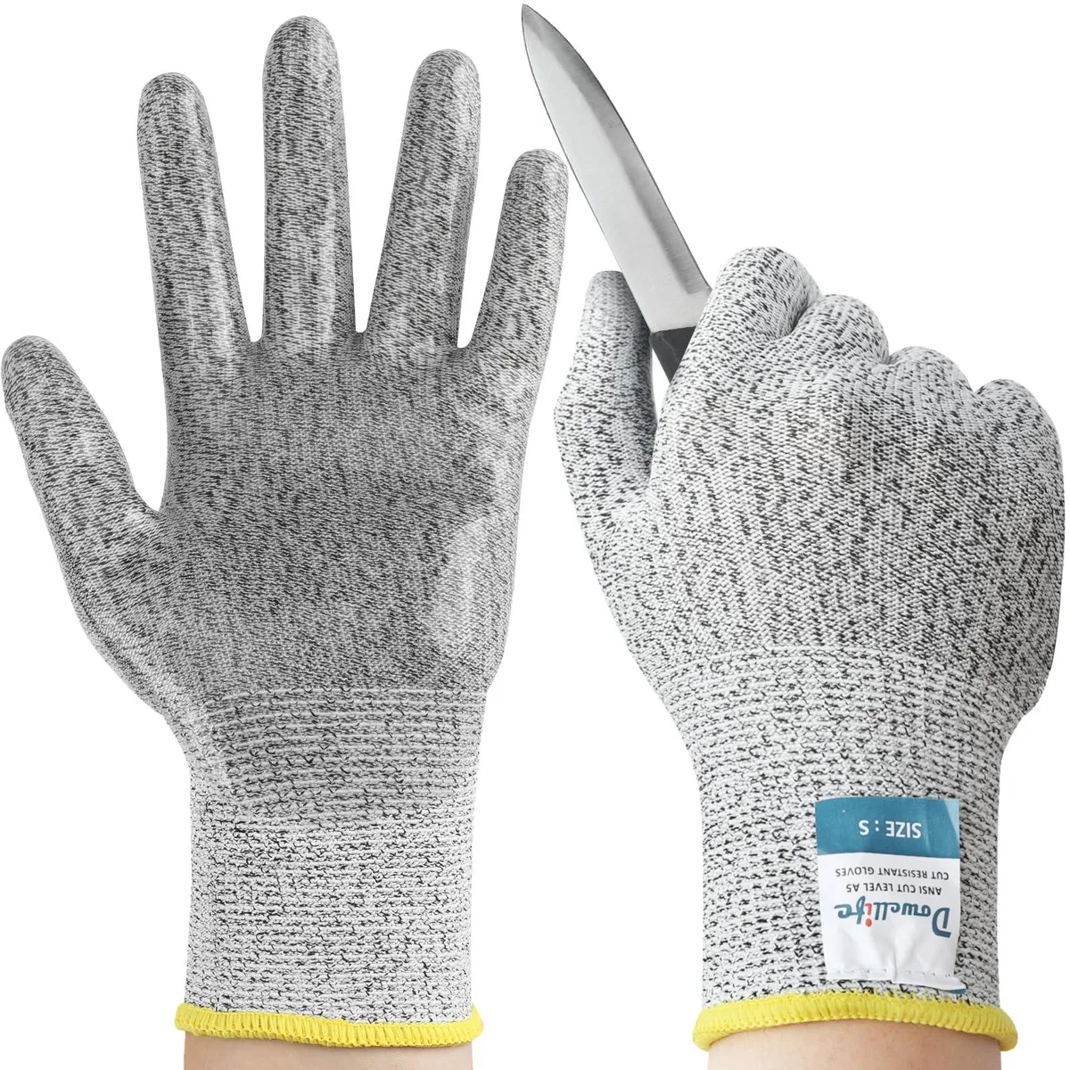 Grey cut-resistant glove with textured silicone palm coating, size 8