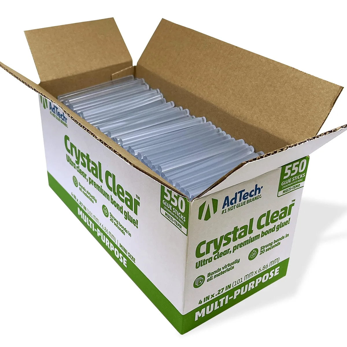 Clear cylindrical mini hot glue sticks in a rectangular bulk box