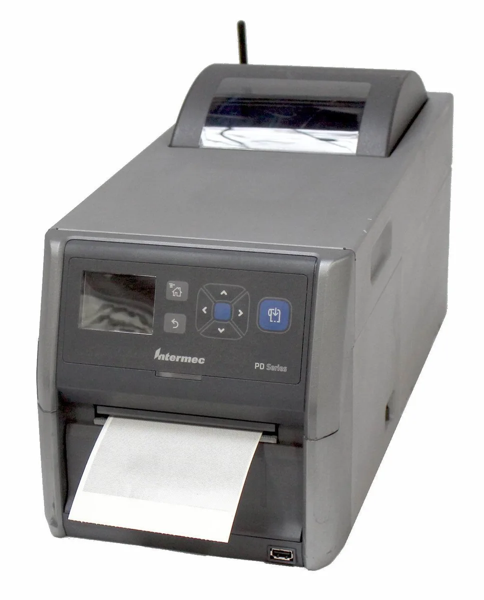 Rectangular industrial barcode label printer, matte grey finish, media window on side