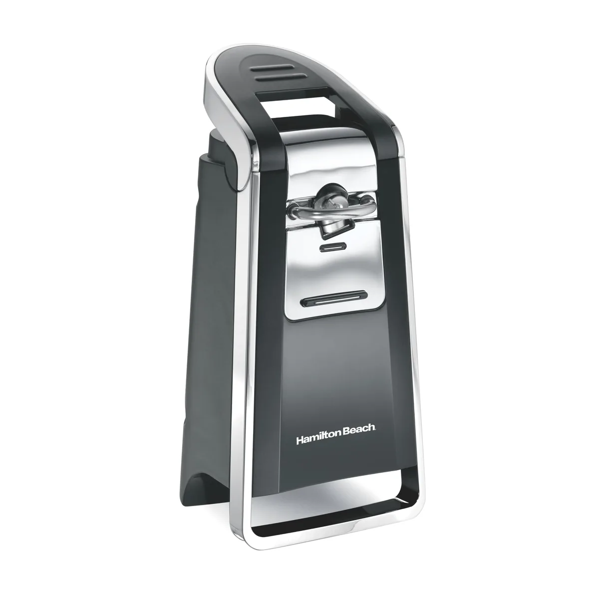 Tall black and chrome automatic can opener with push-down lever, stainless steel finish