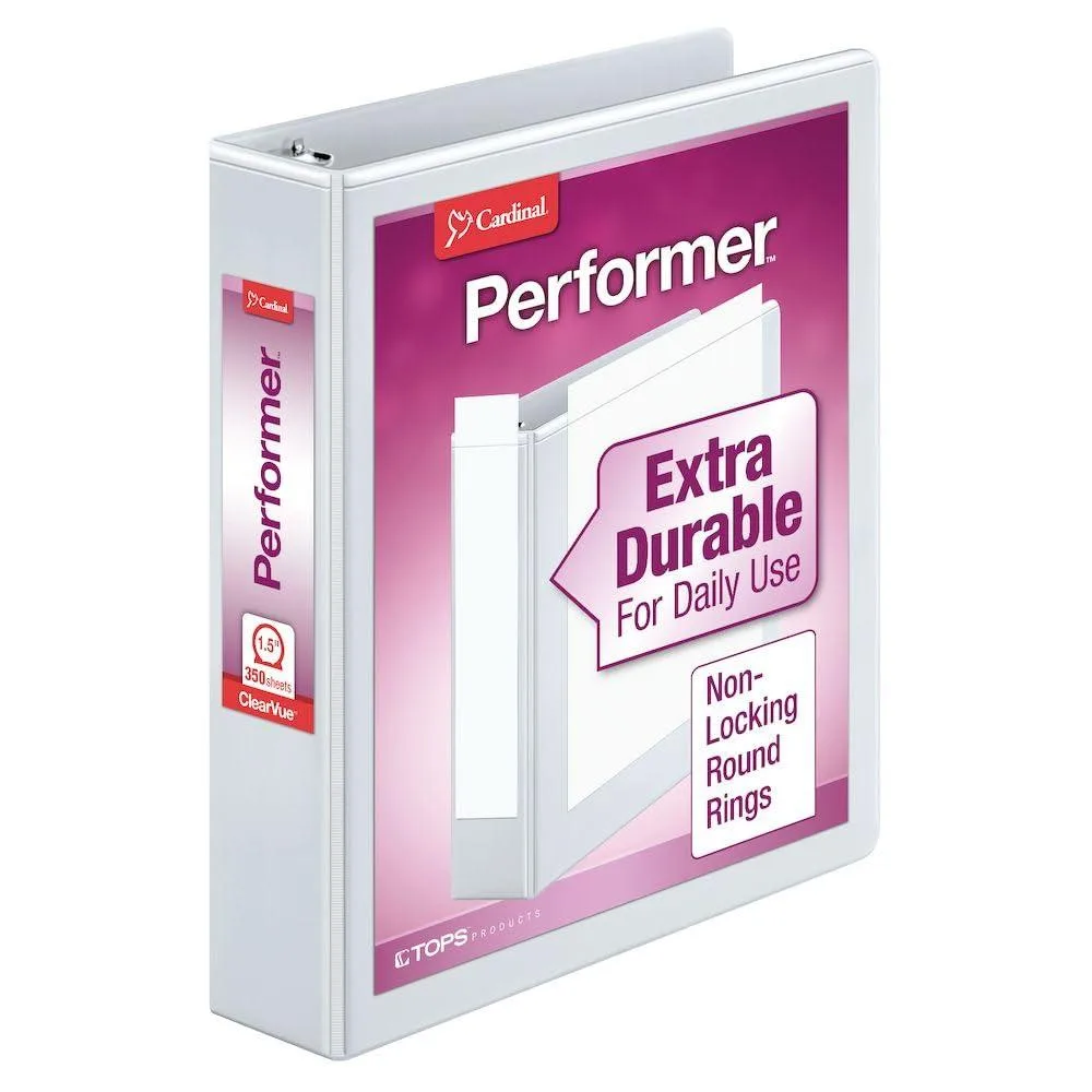 White round-ring binder with clear overlay covers, 1.5 inch rings, 350-sheet capacity