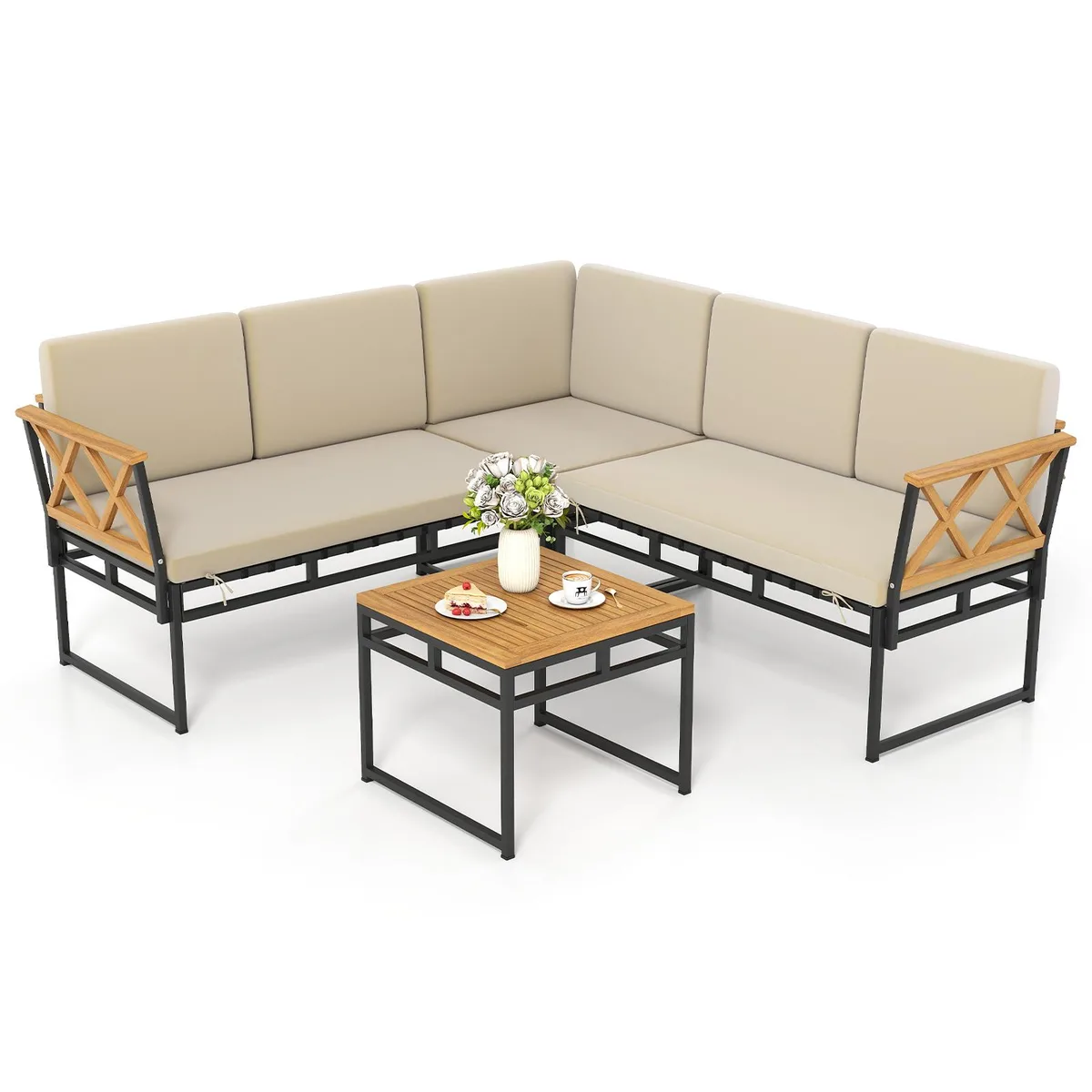 Brown L-shaped patio sofa set with beige cushions, acacia wood armrests, coffee table, metal frame, bungee rope seat base