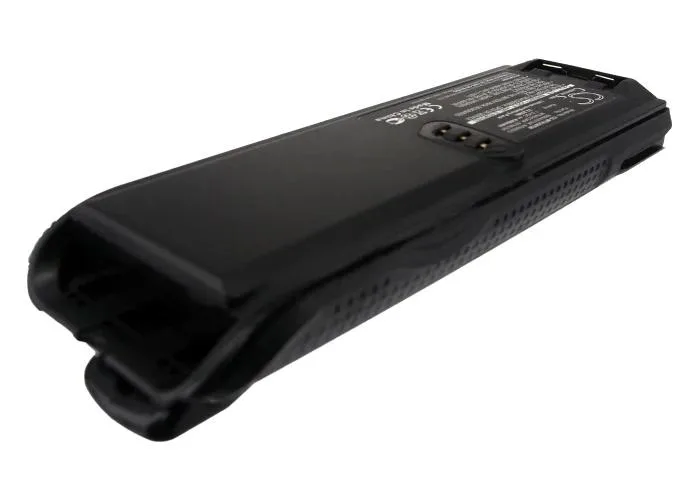 Rectangular two-way radio battery pack with textured dark casing and gold contact strip