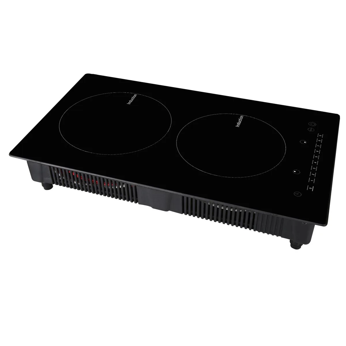A black tempered glass induction cooktop with two circular burners and touch controls