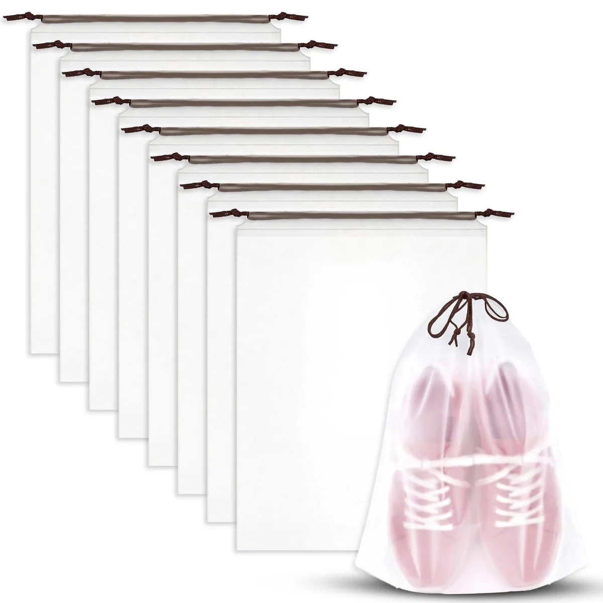 Eight transparent drawstring shoe bags in EVA material