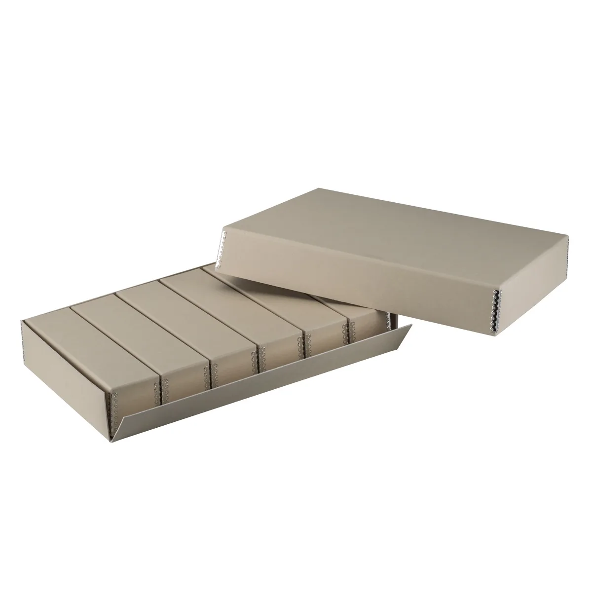 Rectangular corrugated card slide storage box with metal corner strips, holds 1080 slides