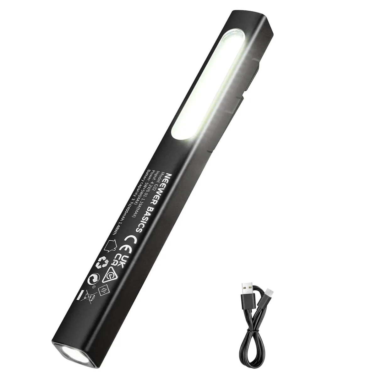 Black pen-style flashlight with side floodlight, magnetic clip, USB-C port
