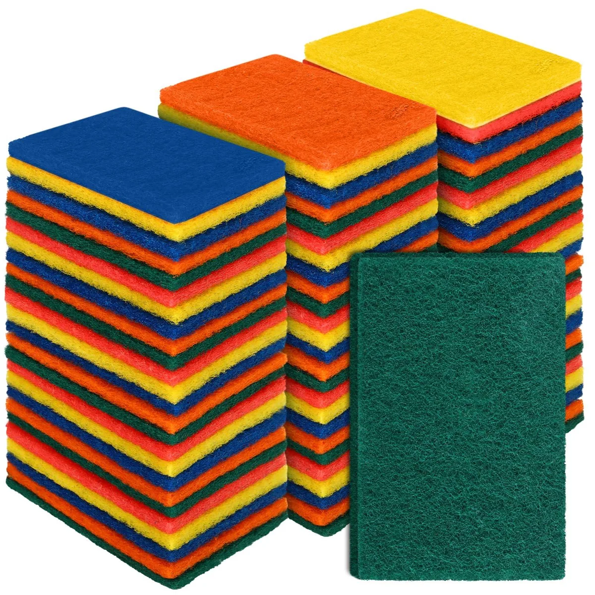 A stack of 100 multicolour rectangular scrub pads, each about 4.3 by 3 by 0.3 inches